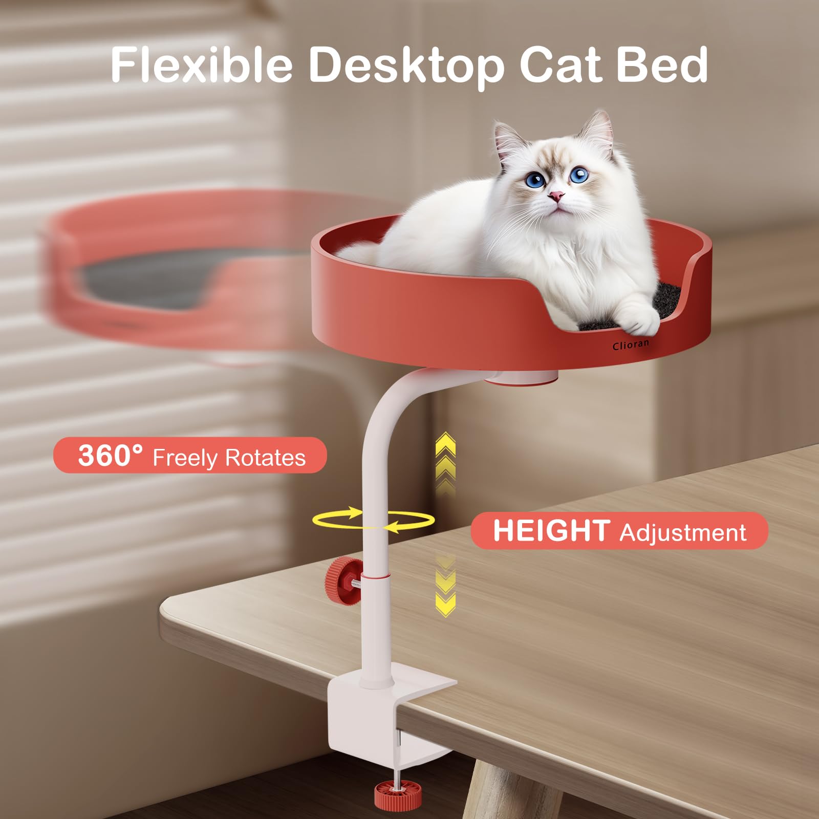 Clioran Cat Desk Bed Large Perch Nest With Teaser Easy Install,Space Saving Mount Design,Sturdy Frame,Removable Cushion,Clamp De